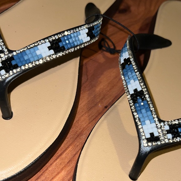 Blue and Black beaded and rhinestone embellished Flip Flops Sandals - Picture 4 of 11